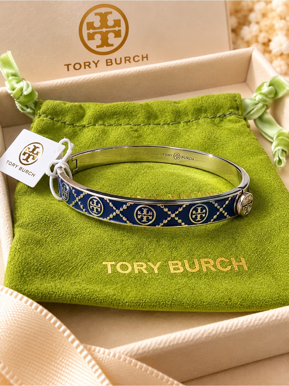 Tory Burch Navy and Gold Enamel Logo Bangle
